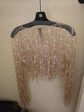 Sequin Fringe Hair Shawl in Nude Pink